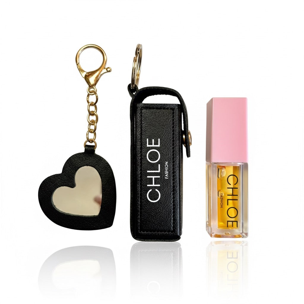 Lippenöl mit Schlüsselanhänger-Etui und Pfirsichspiegel