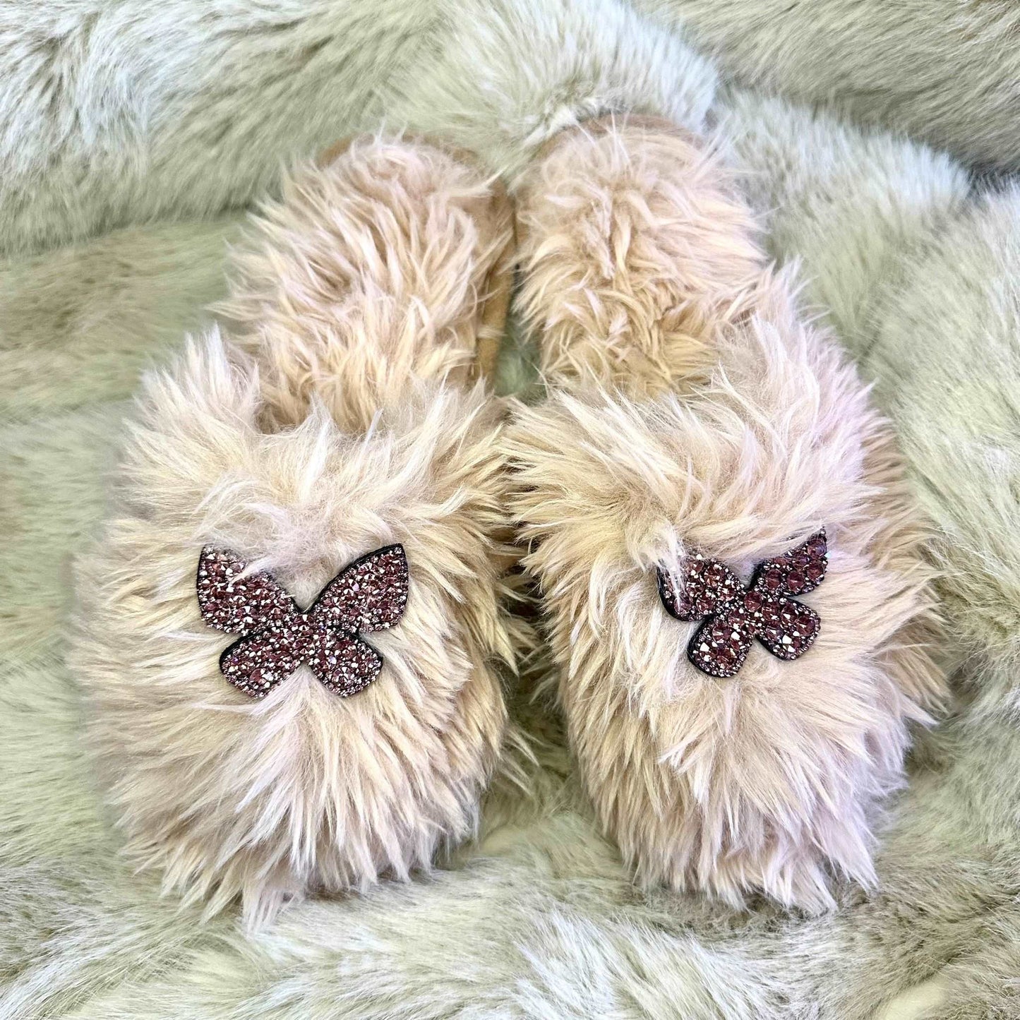 Pantofole Peluche farfalla beige aperte