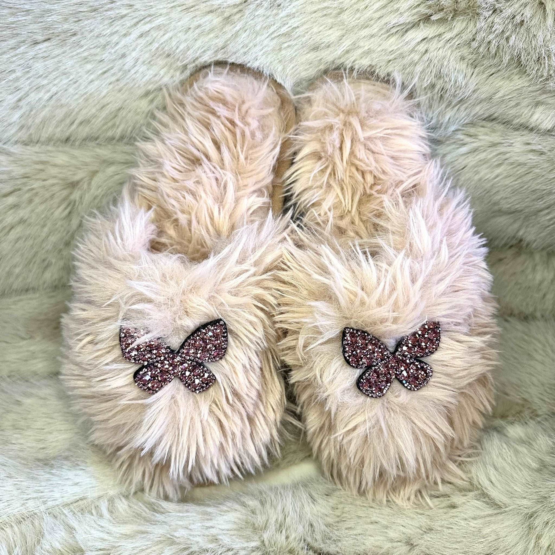 Pantofole Peluche farfalla beige aperte