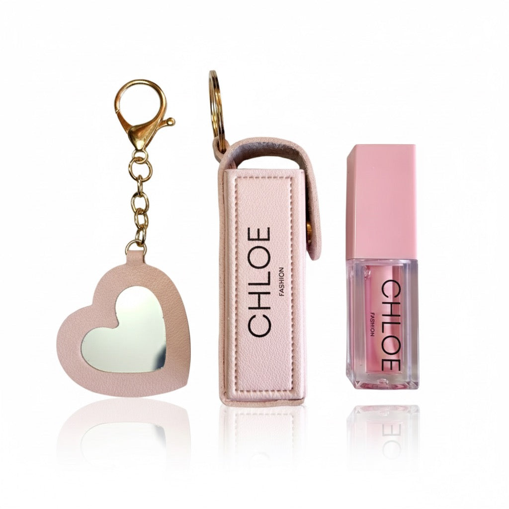 Lippenöl mit Schlüsselanhänger-Etui und Erdbeerspiegel