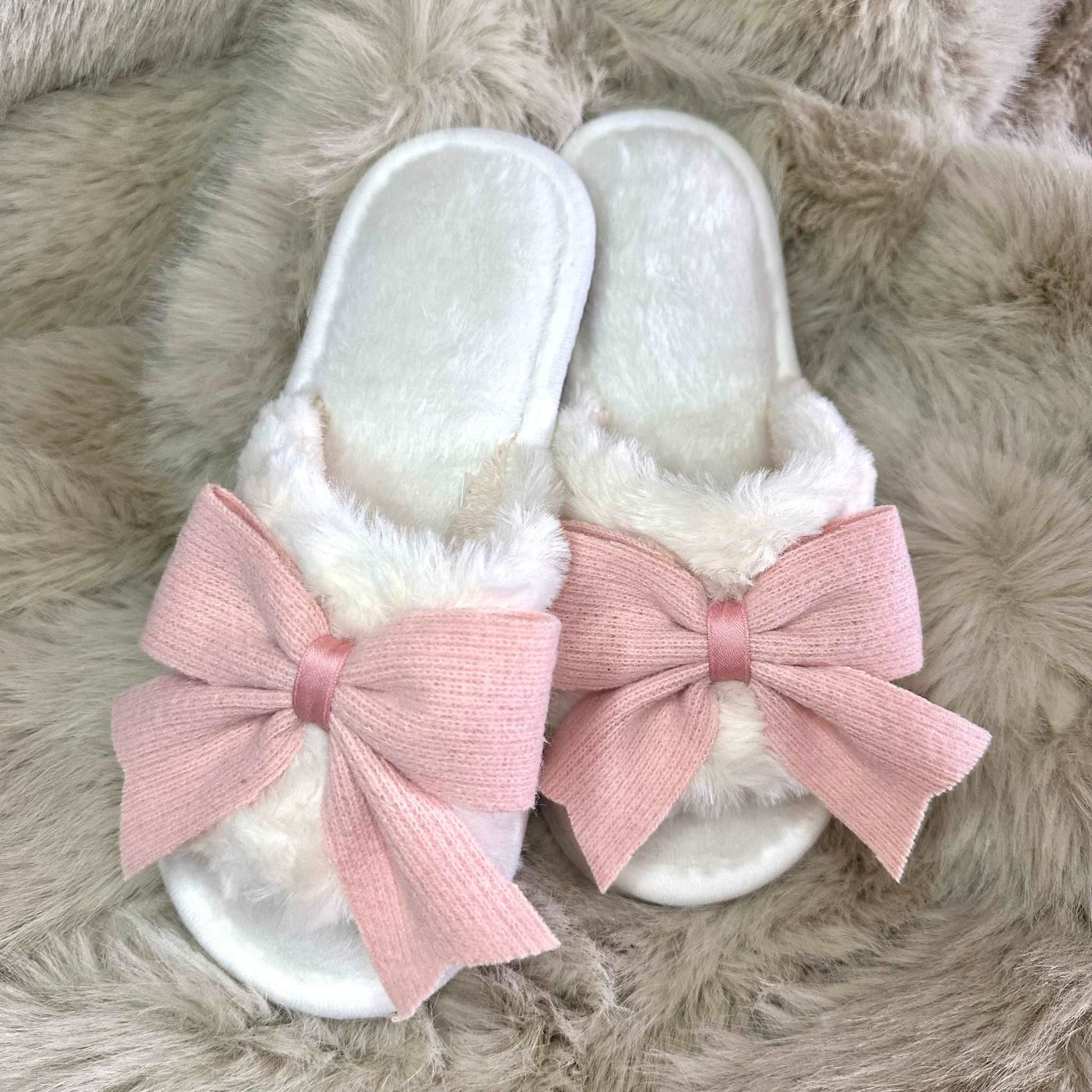 Pantofole Peluche fiocco rosa aperte